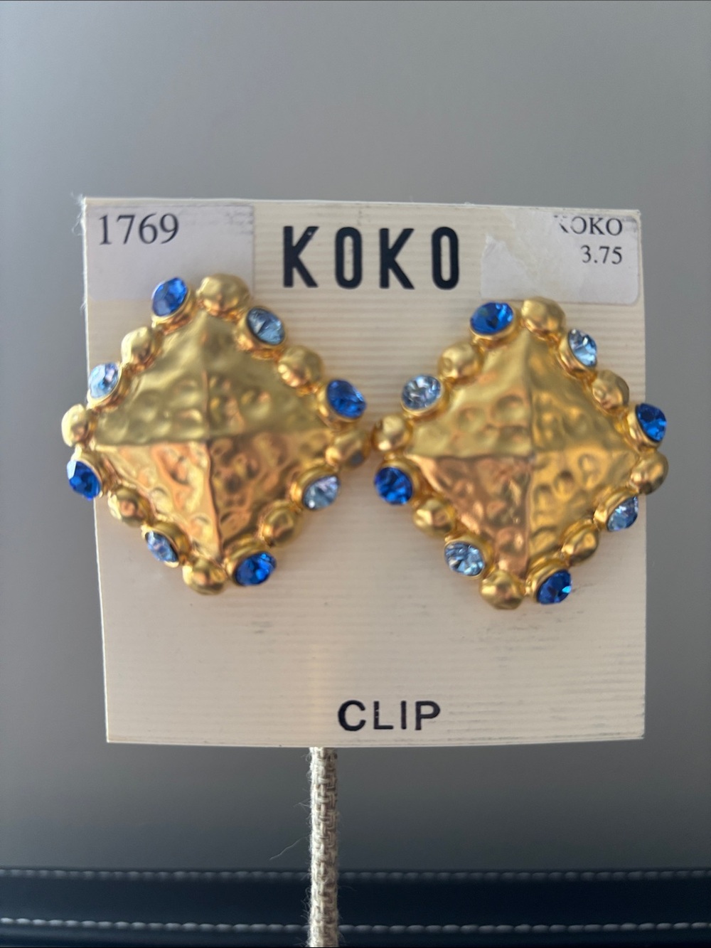 90’s Vintage NOS KOKO Gold Clip Earrings with Blue Crystal Accents